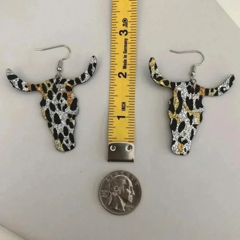 3 for $25/ Longhorn Leopard Print Metallic Faux Leather Die-Cut Earrings NWT